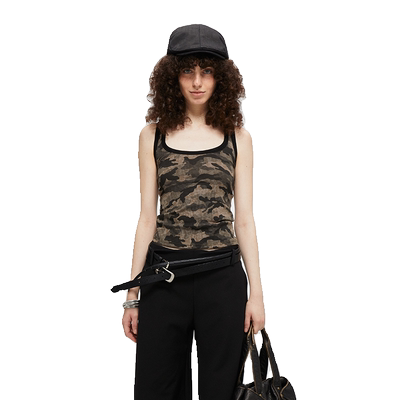 KVKV 迷彩U型领背心 美式复古辣妹外穿独特拼色修身显瘦吊带上衣