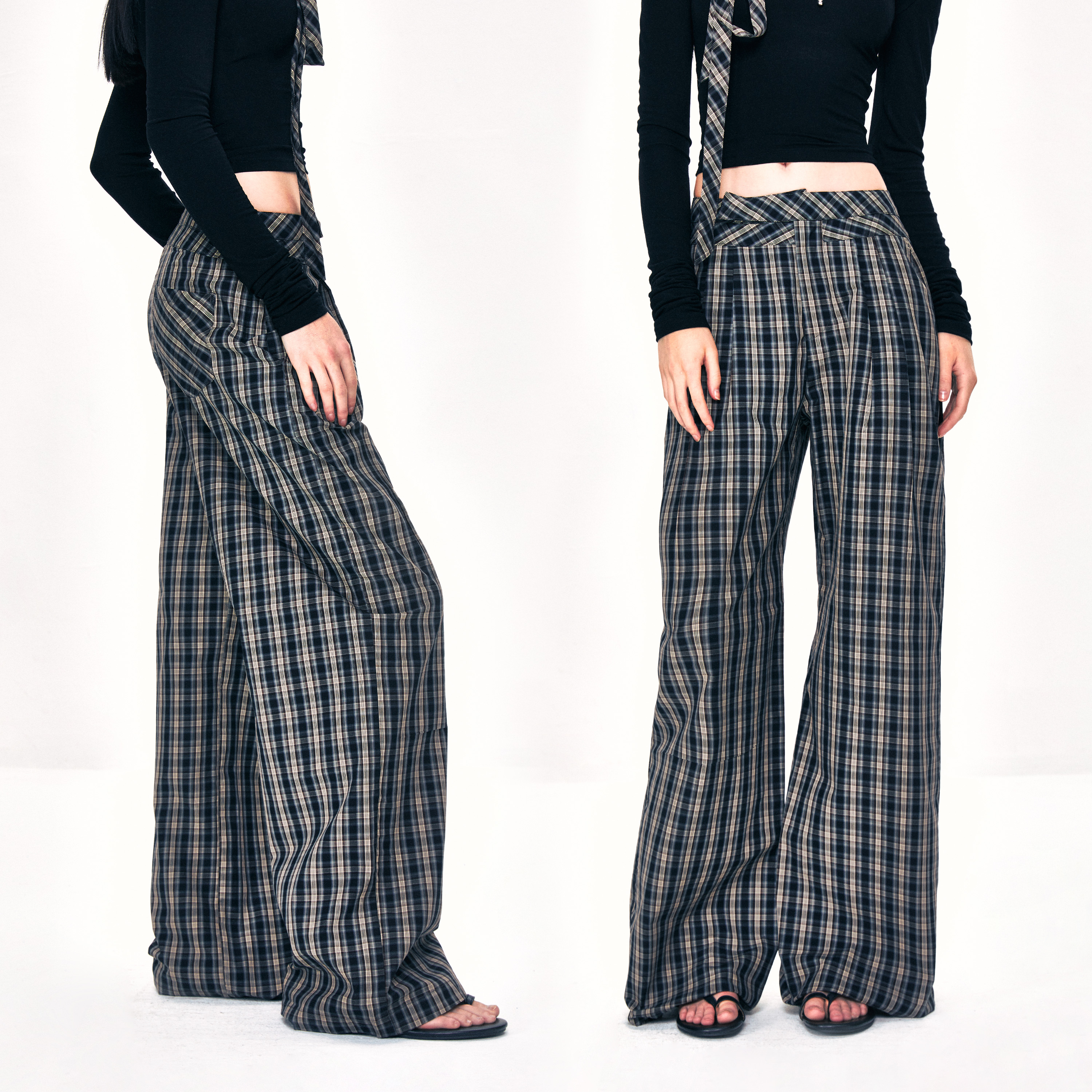 KVKV双层腰头拼接格子裤 复古慵懒垂感拖地宽松直筒休闲阔腿裤子