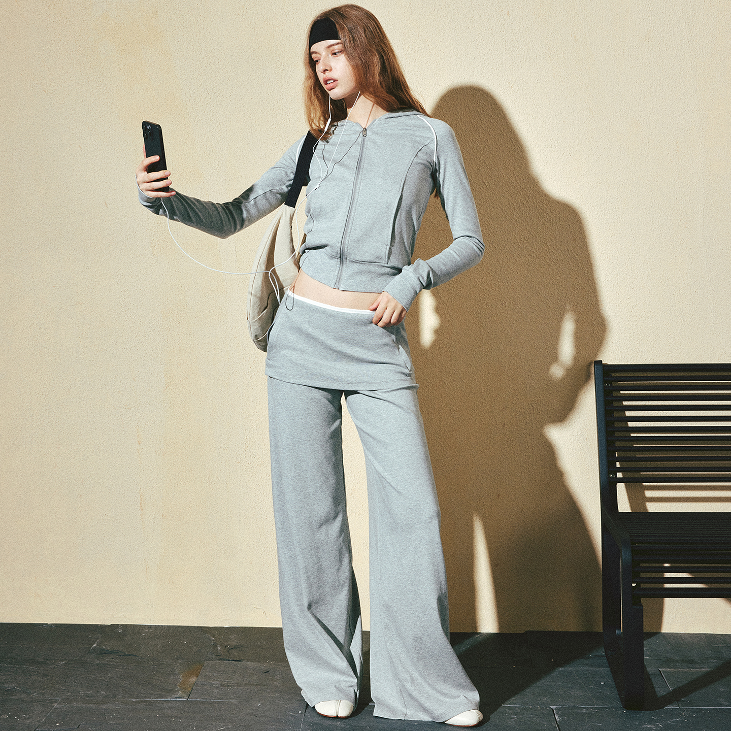 KVKV灰白假两件翻折腰头弯刀垂感休闲裤