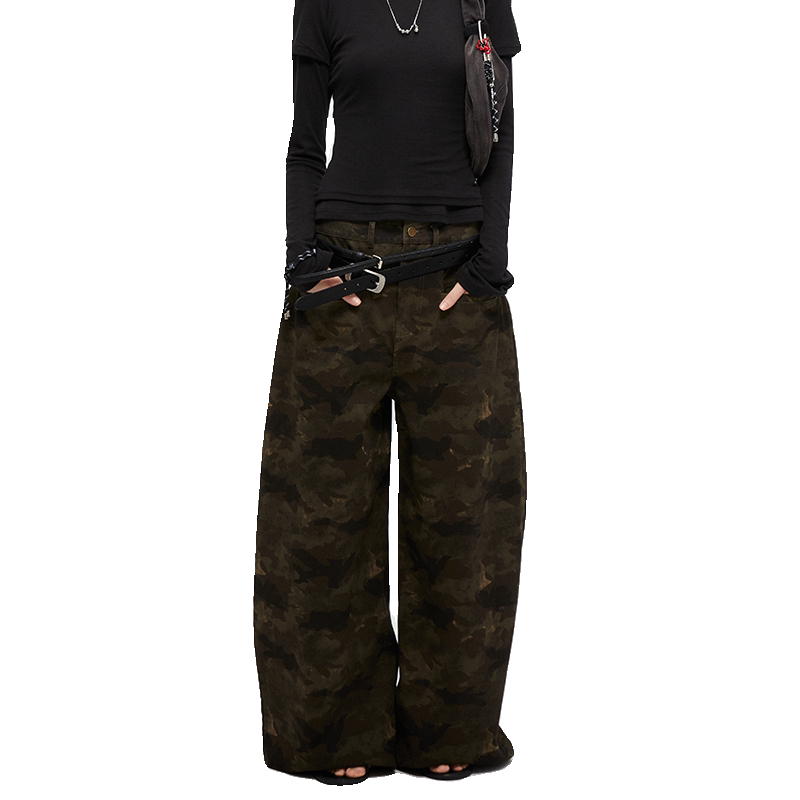 KVKV“Baggy pants” 做旧迷彩阔腿长裤 美式复古宽松工装裤