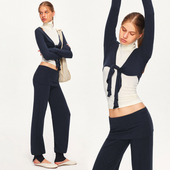 KVKV 羊毛肤感藏蓝白拼色小高领挖肩运动瑜伽背心绑带长袖 两件套