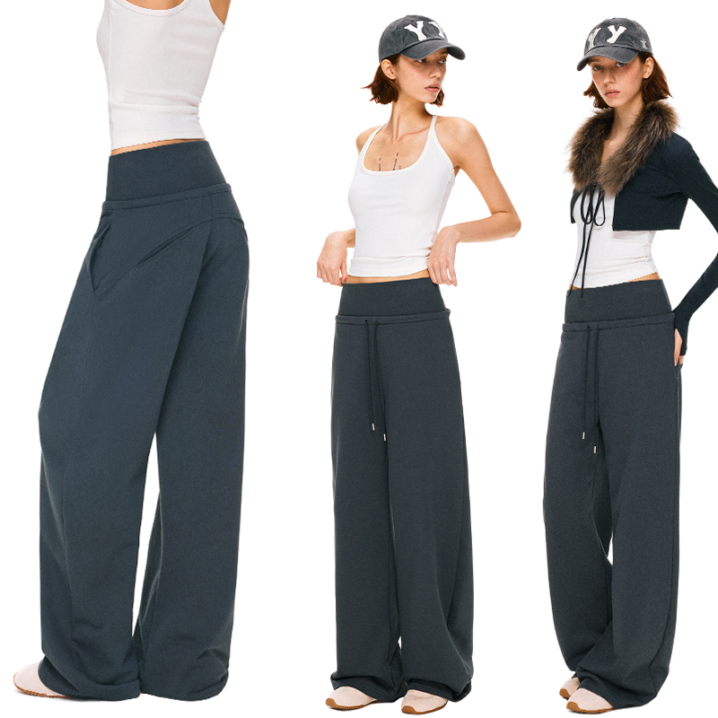 KVKV藏蓝色条纹双腰头宽腰头抽绳肤感阔腿运动休闲卫裤