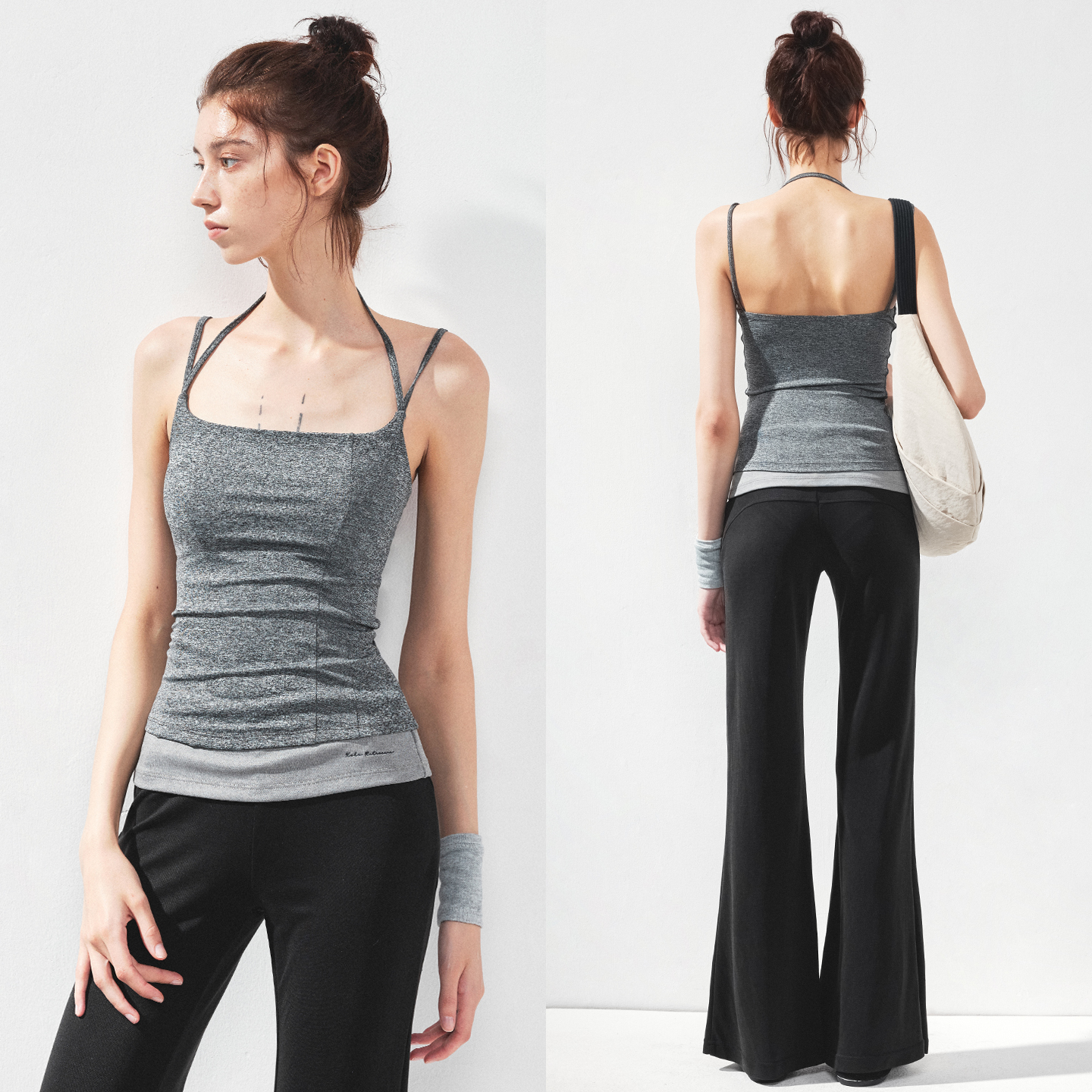 KVKV 肤感花灰色U型领双肩带瑜伽运动背心