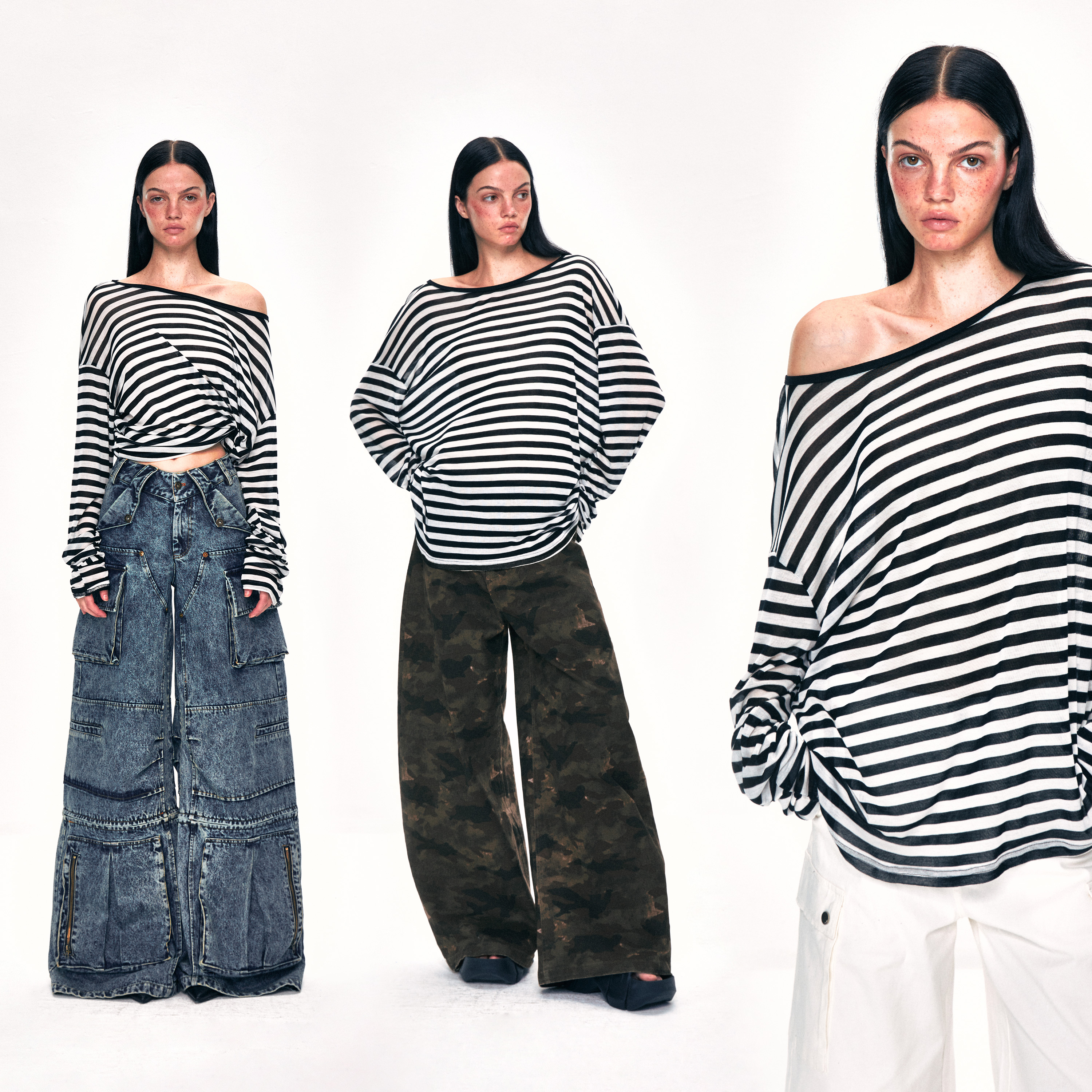 KVKV 斜肩黑白条纹长袖 美式辣妹露肩设计感宽松慵懒显瘦罩衫t恤