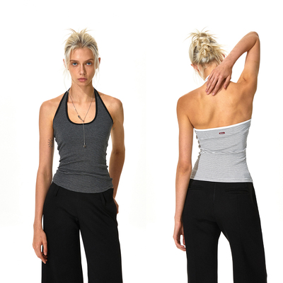 KVKV 条纹挂脖背心 辣妹美背独特漂亮绝美2025新款夏季无袖上衣女