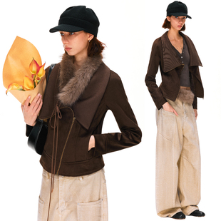 KVKV 麂皮绒翻领拼接结构系带可拆卸毛领修身短款夹克外套