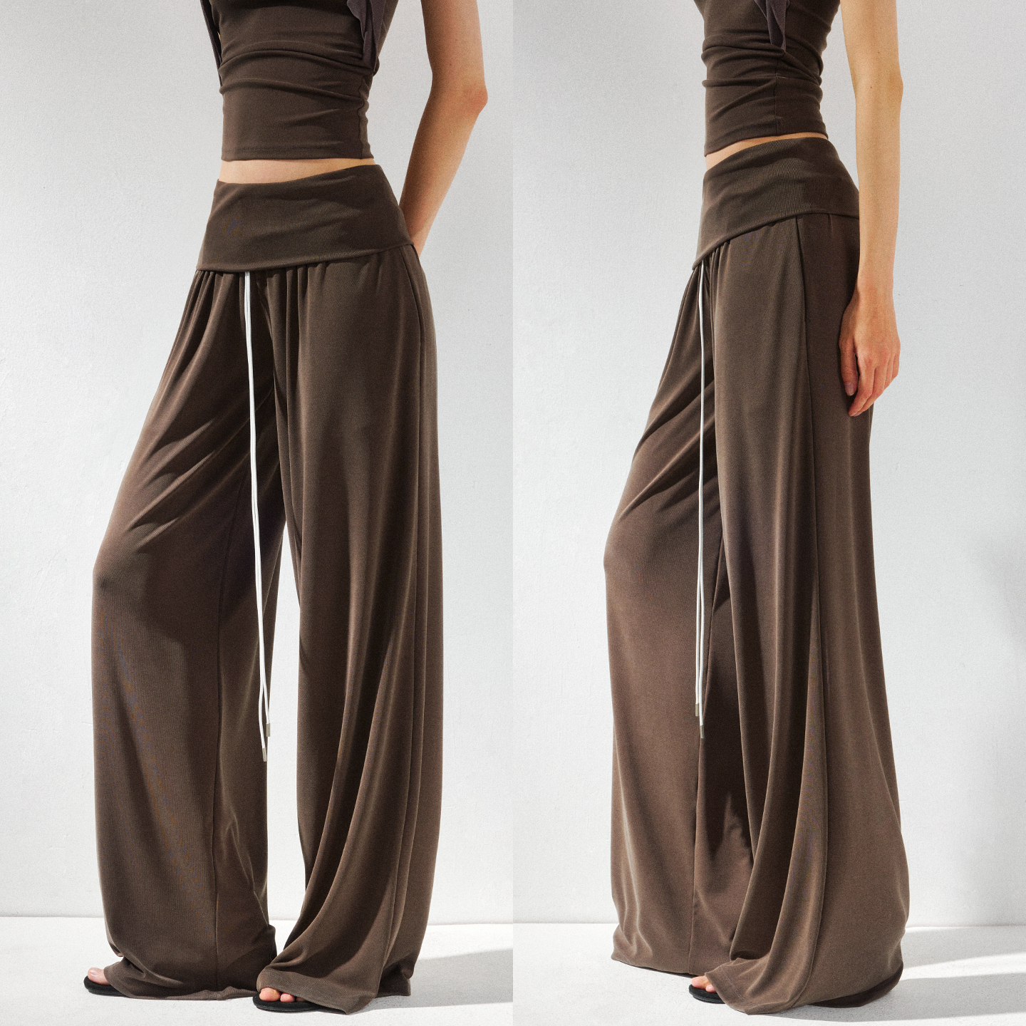 KVKV灰棕色翻折宽腰头低腰休闲垂感空气层运动瑜伽长裤