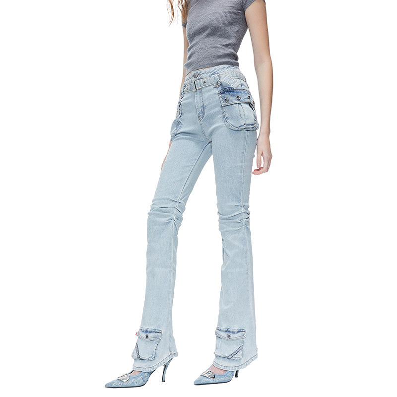 ‘Captain' Jeans 功能性两侧口袋膝盖褶皱高腰牛仔马蹄裤