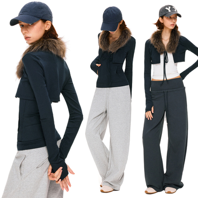 KVKV藏蓝色修身长袖开衫可拆卸真貉毛领吊带真两件套