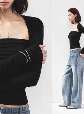 KVKV 黑色方领长袖瑜伽运动肤感上衣 2025新款修身显瘦高级感t恤