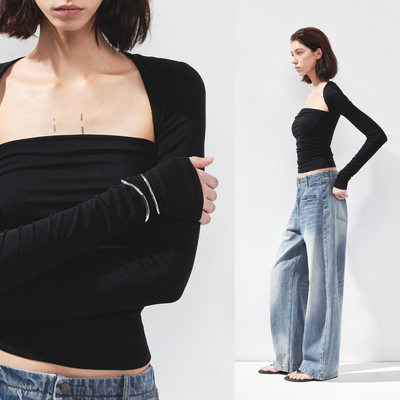 KVKV 黑色方领长袖瑜伽运动肤感上衣 2025新款修身显瘦高级感t恤