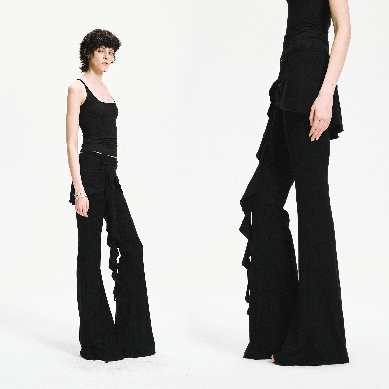 KVKV假两件拼接荷叶边系带弹力微喇瑜伽裤