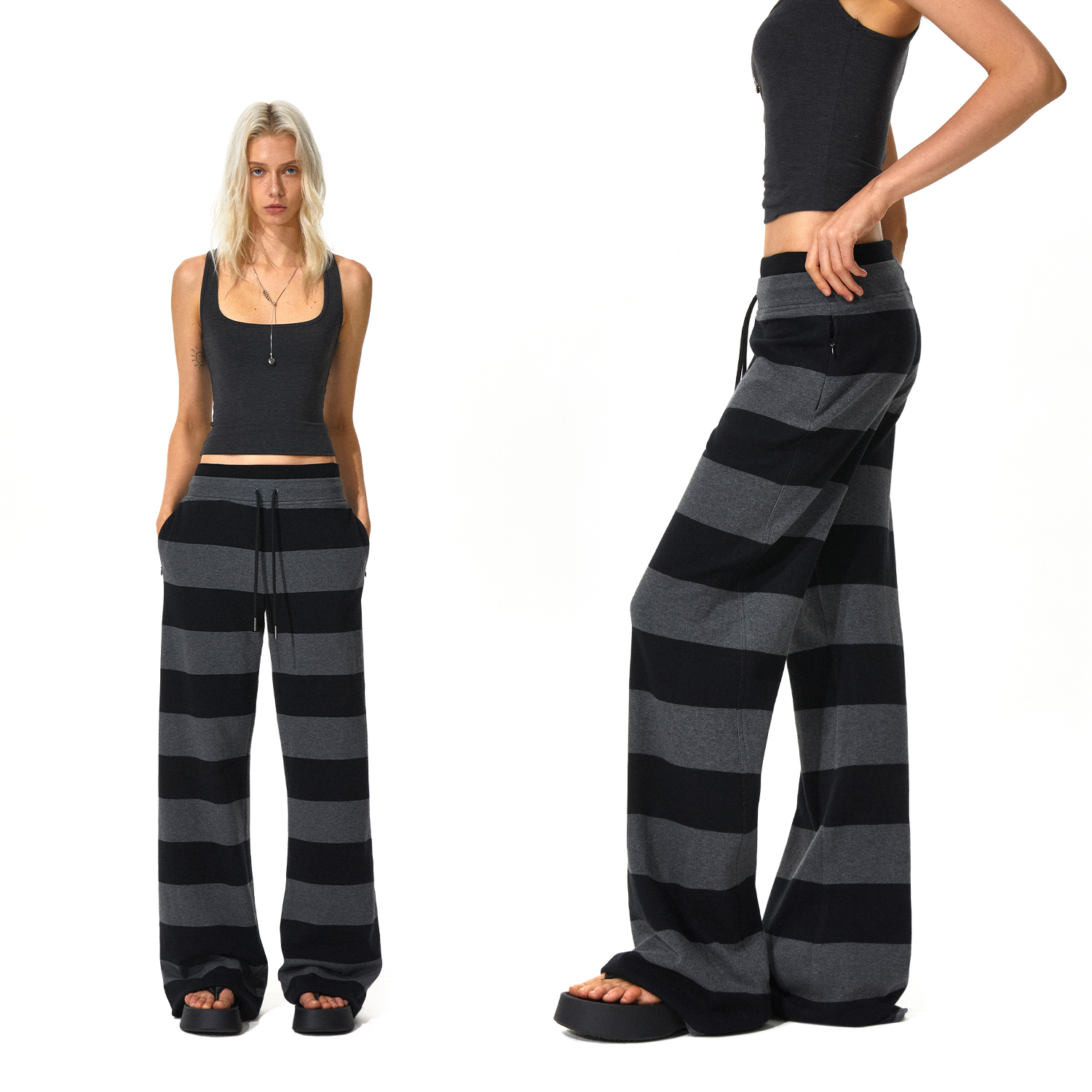 KVKV黑灰莫代尔双腰头宽条纹抽绳松紧卫裤 直筒宽松休闲运动长裤