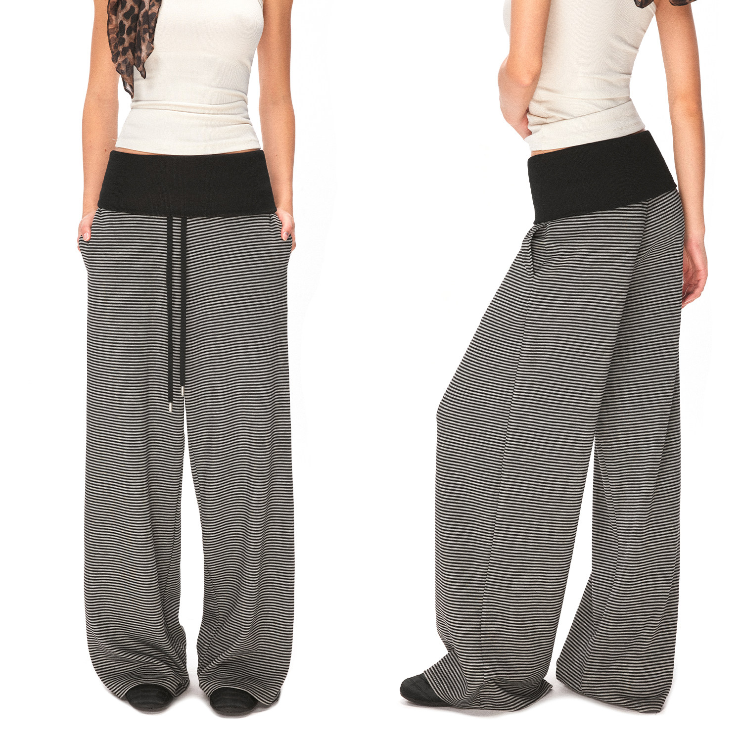 KVKV迷彩黑色腰头拼接双腰头抽绳肤感阔腿运动休闲卫裤