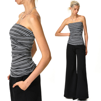 KVKV 黑白不规则条纹抹胸背心 美式辣妹夏季修身显瘦裹胸无袖上衣