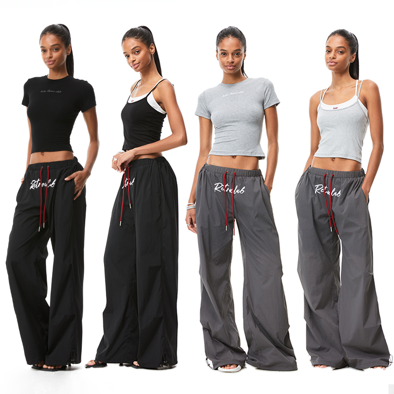 KVKV黑色字母工装裤 美式复古撞色松紧腰宽松直筒阔腿休闲长裤女