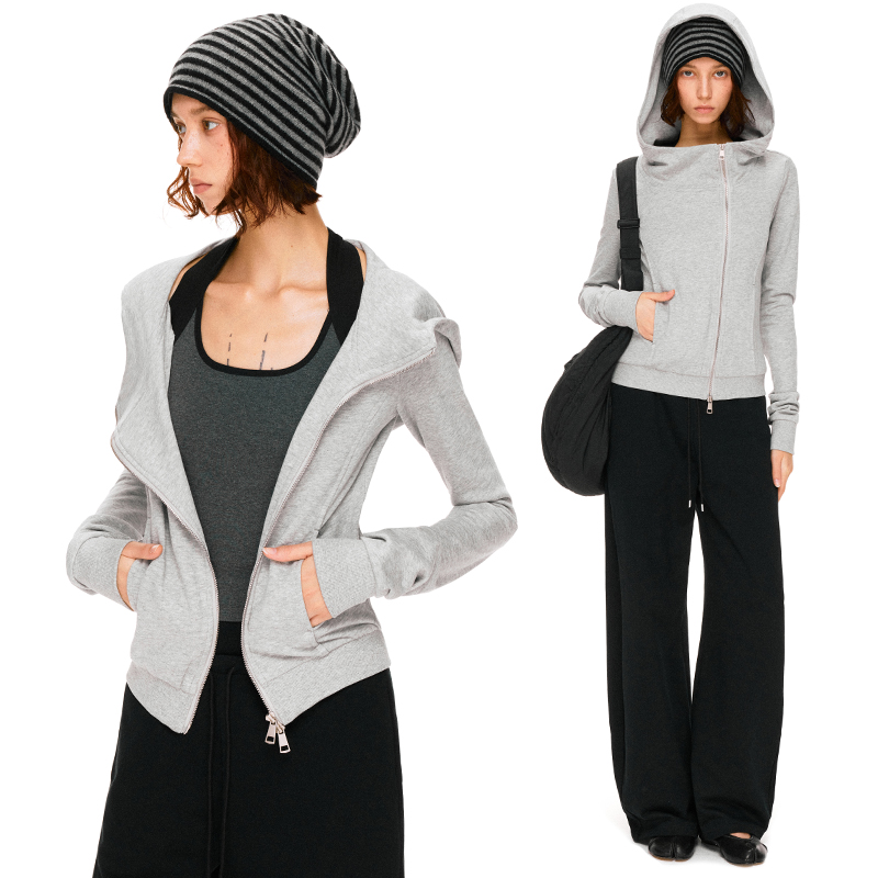 KVKV 灰色结构斜领拉链大领口运动修身连帽卫衣外套