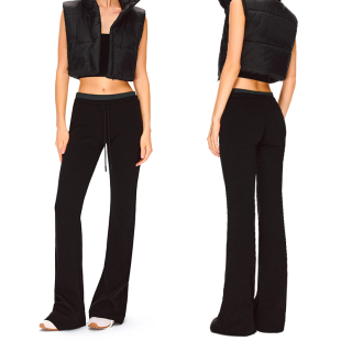 KVKV深灰黑色双腰头拼接抽绳微喇休闲运动瑜伽裤