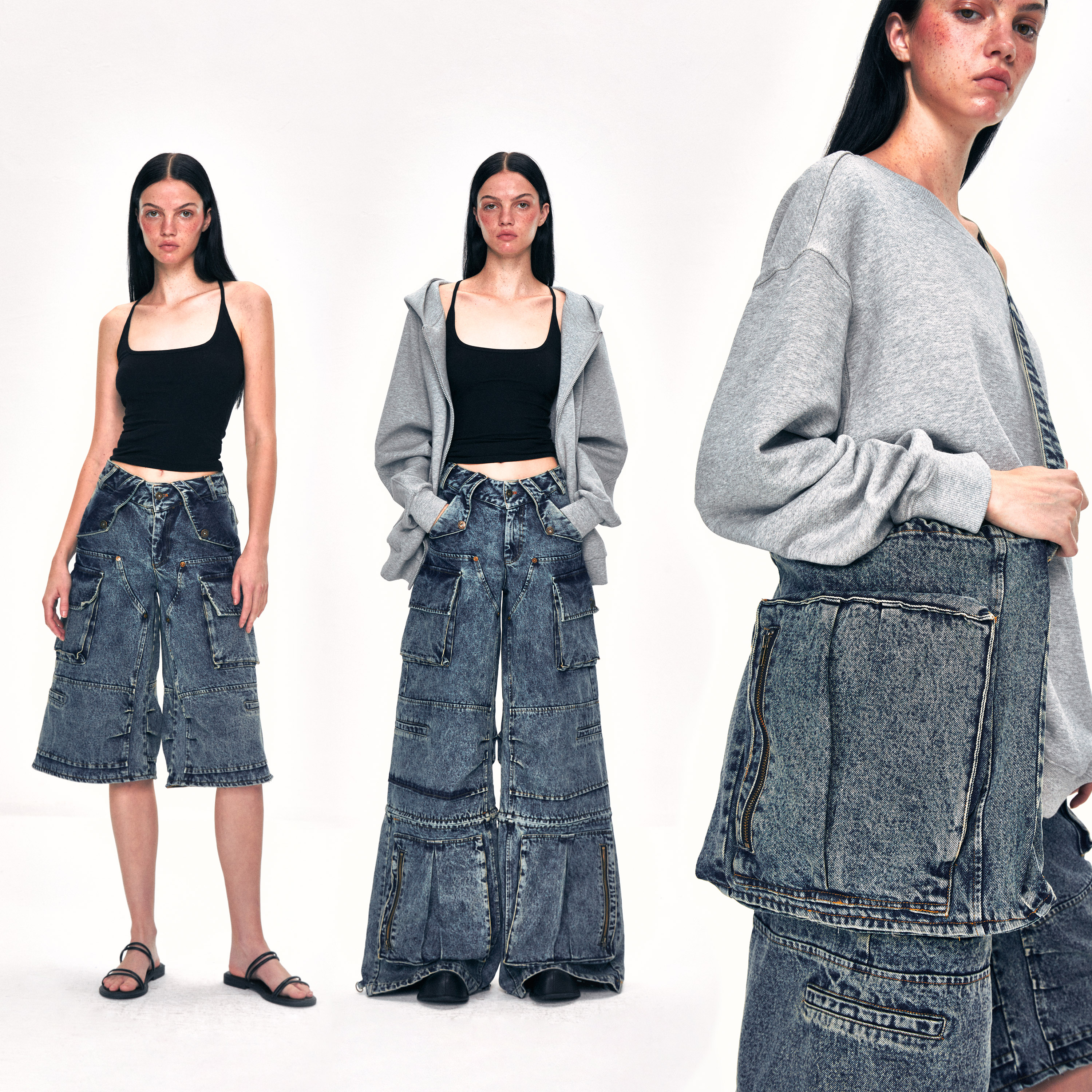 KVKV「可拆卸两穿」美式复古工装口袋重洗水阔腿七分裤中裤牛仔裤