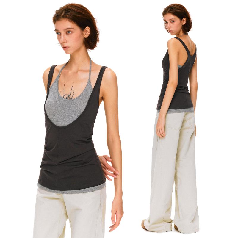 KVKV 深灰撞色U领挂脖吊带宽松收腰工字吊带背心真两件套