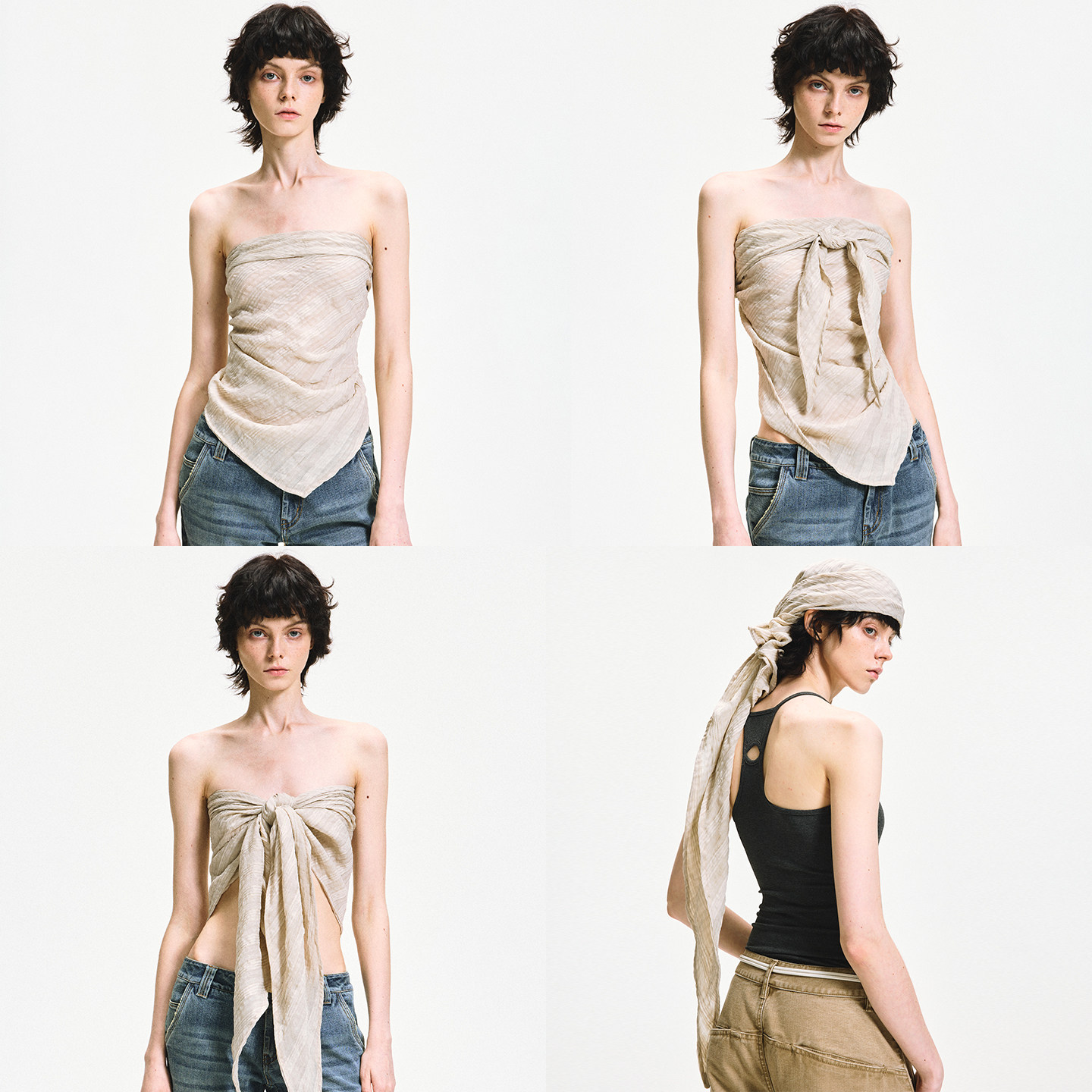 KVKV 多穿法云雾纱格纹围巾抹胸 小众高级设计感气质性感背心