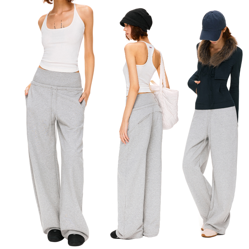 KVKV 浅灰色条纹双腰头宽腰头抽绳肤感阔腿运动休闲卫裤