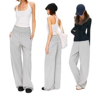 KVKV 浅灰色条纹双腰头宽腰头抽绳肤感阔腿运动休闲卫裤