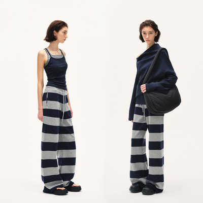 KVKV设计感双腰头宽条纹肤感莫代尔休闲抽绳长裤卫裤春秋直筒裤子