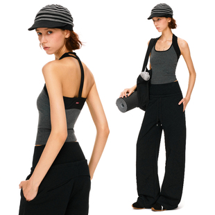 KVKV T型挂脖背心 灰黑撞色拼接运动瑜伽修身