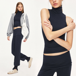 KVKV 羊毛肤感深藏蓝小高领挖肩运动瑜伽背心吊带
