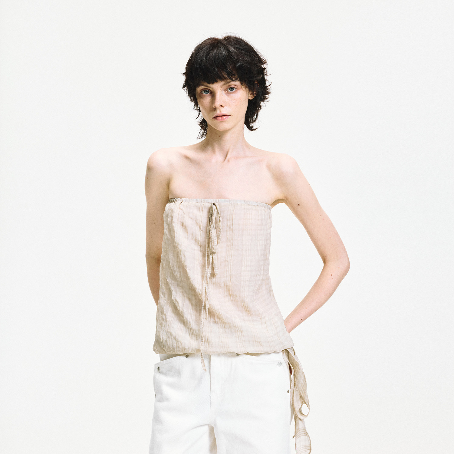 KVKV 复古云雾纱格纹不对称绑带抹胸