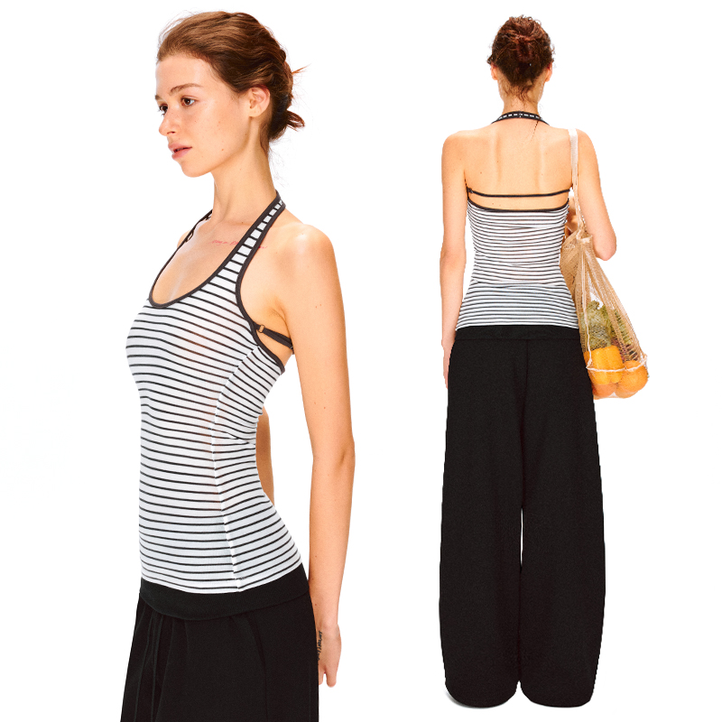 KVKV 肤感撞色条纹U领可调节修身瑜伽运动挂脖背心