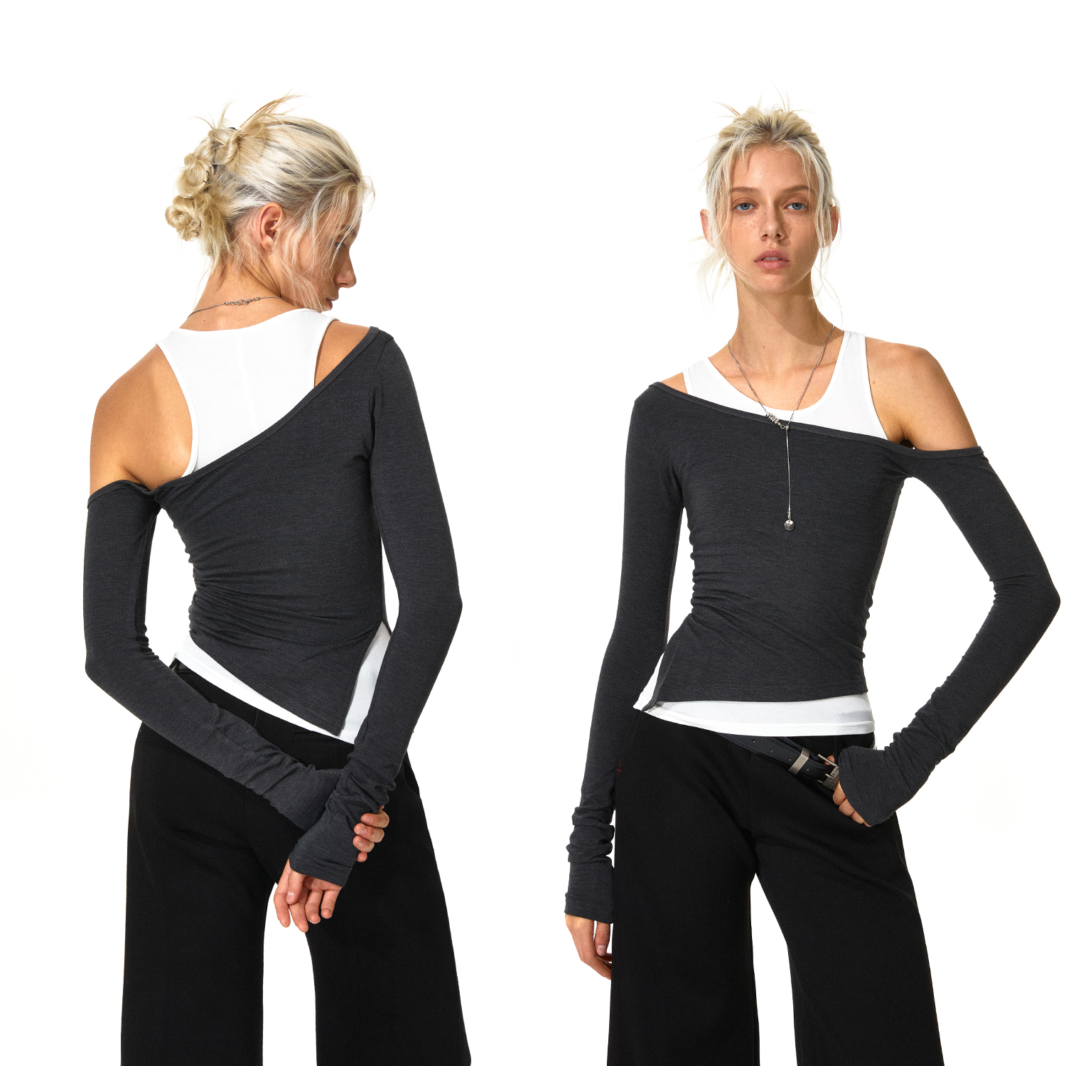 KVKV 斜肩长袖拼色两件套