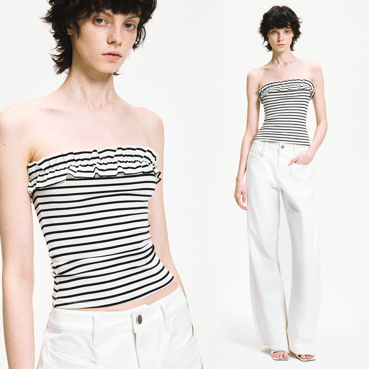 KVKV 条纹立体花边收腰抹胸背心