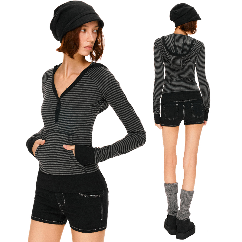 KVKV 条纹V领连帽拼接撞色扭转纽扣插袋修身长袖上衣