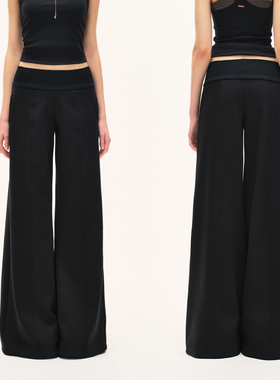 KVKV黑色宽腰头空气层卫裤今年流行的直筒休闲阔腿长裤