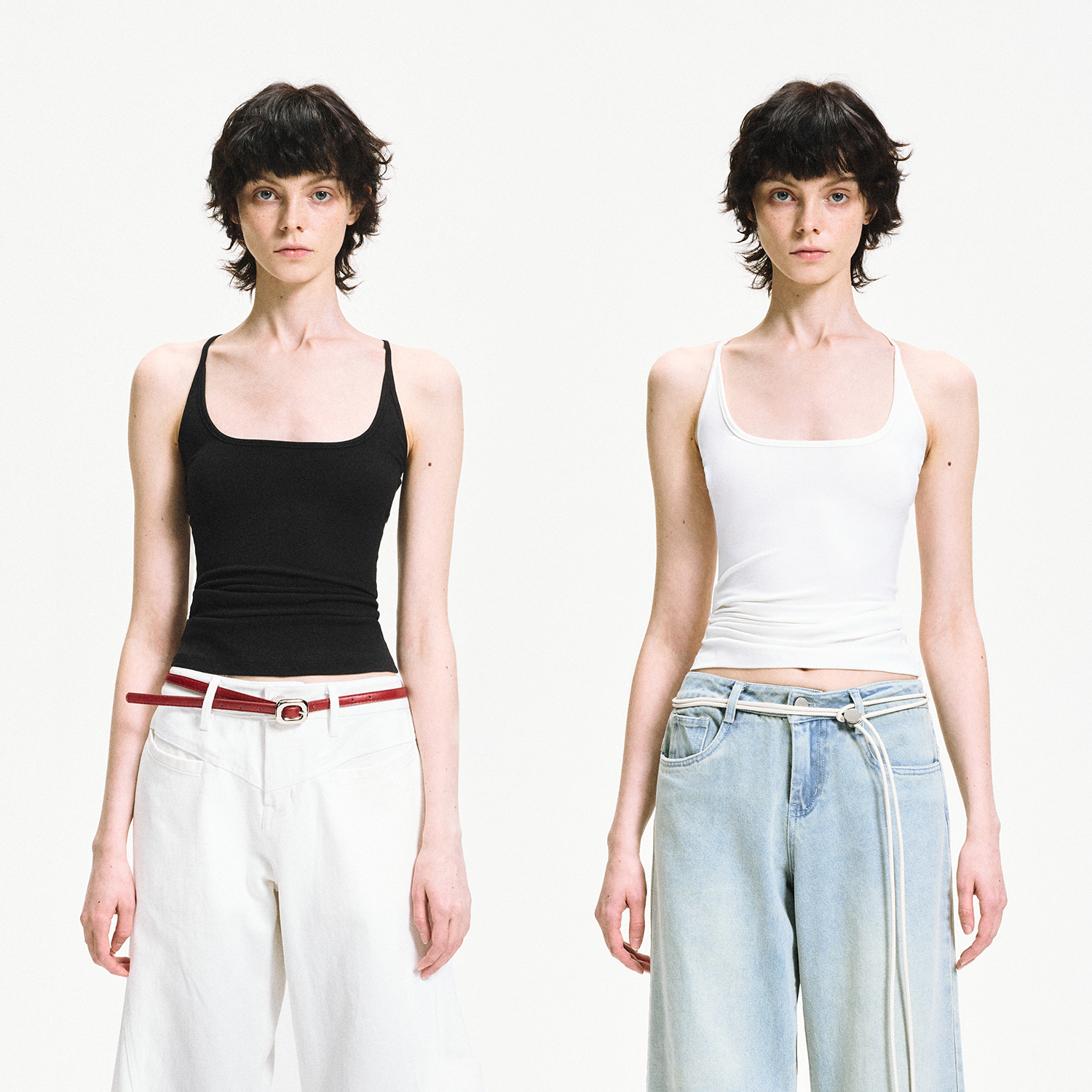 KVKV 黑白U领修身弹力工字背心