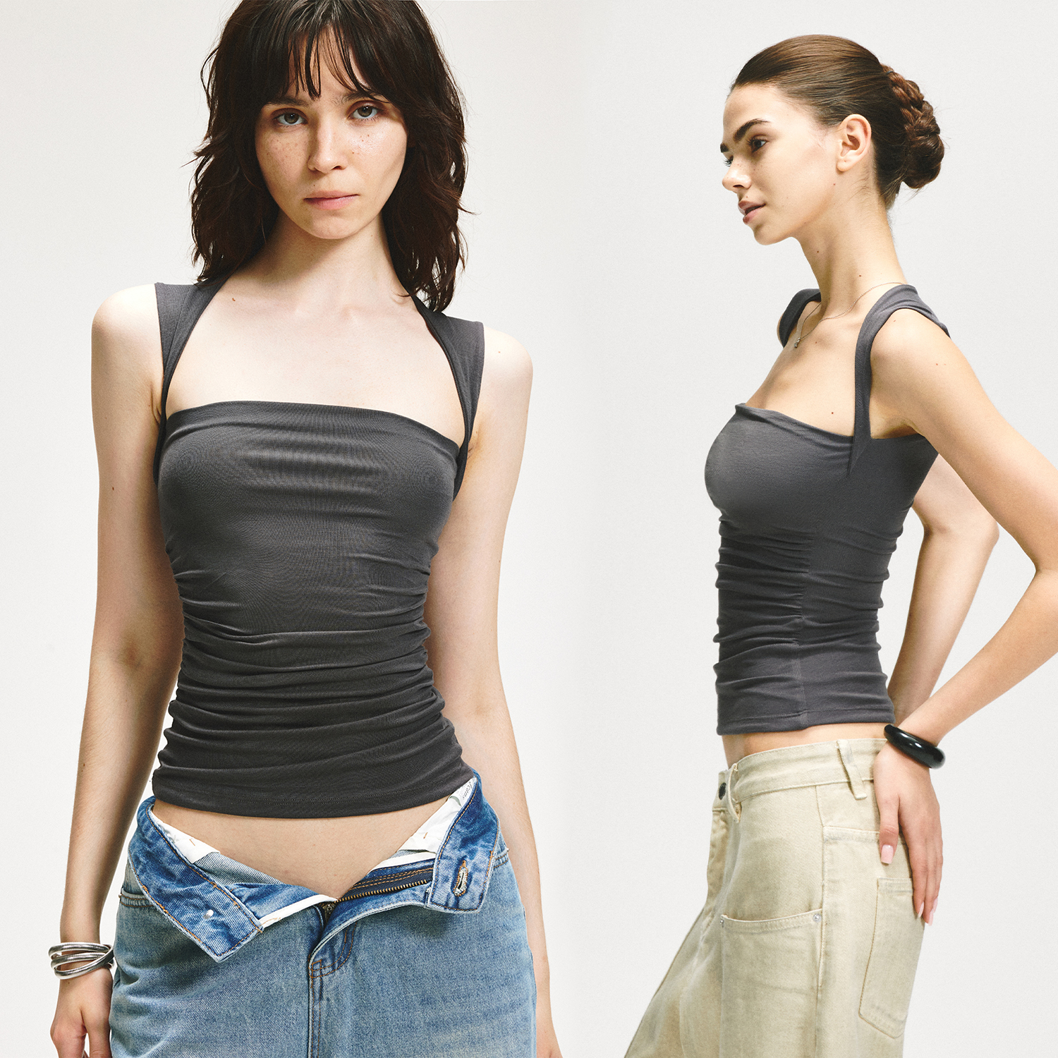 KVKV碳灰色方领压褶背心 美式复古修身辣妹内搭外穿夏季无袖t恤