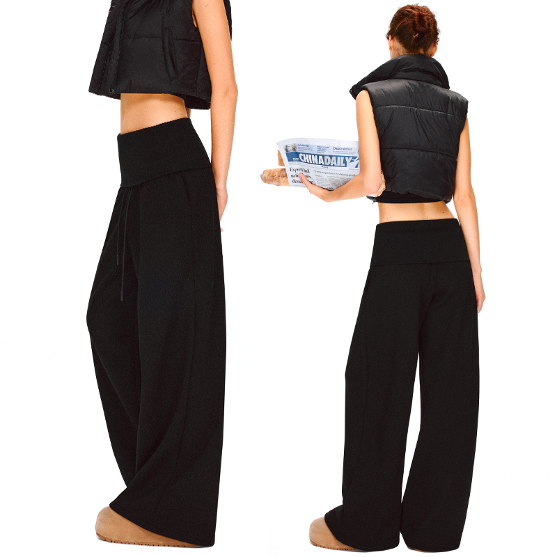 KVKV 加绒高腰多穿法翻折腰头抽绳运动休闲宽松秋冬卫裤