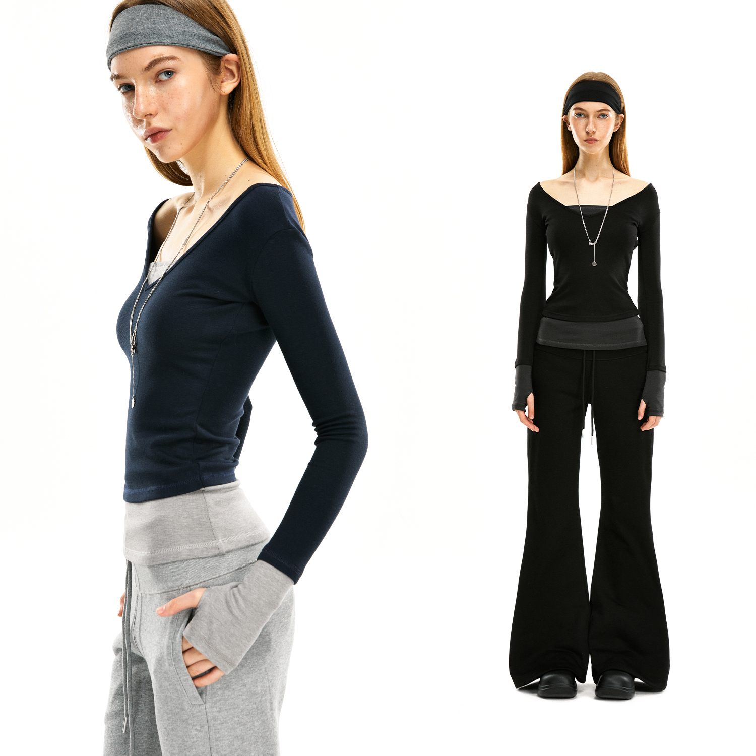 KVKV 假两件拼色长袖 美式辣妹修身显瘦V领黑色小众不撞款上衣t恤