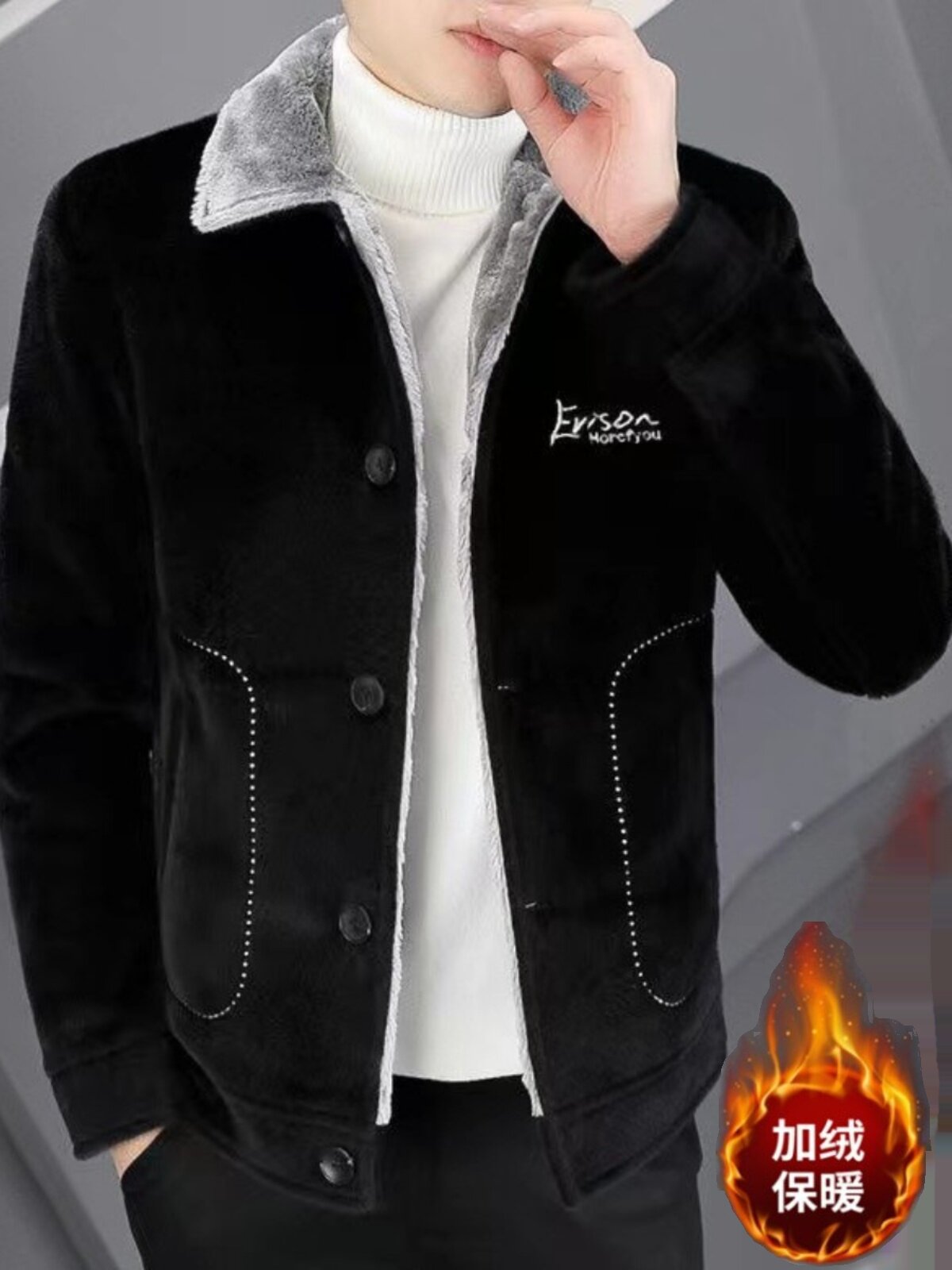 남성 코트 가을 겨울 짧은 모직 코트 셰르파 자수 다목적 캐주얼 성숙한 청소년 가죽 자켓 기질