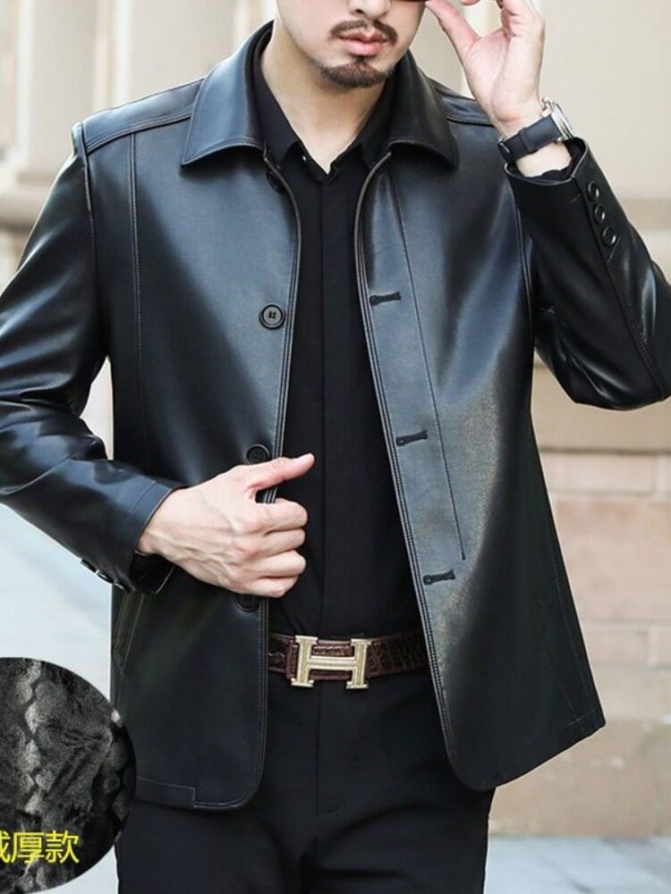 남성용 새 가죽 자켓 패셔너블한 가죽 봄 가을 얇은 코트 중년 아빠 복장 라펠이 달린 대형 가죽 자켓 우아함
