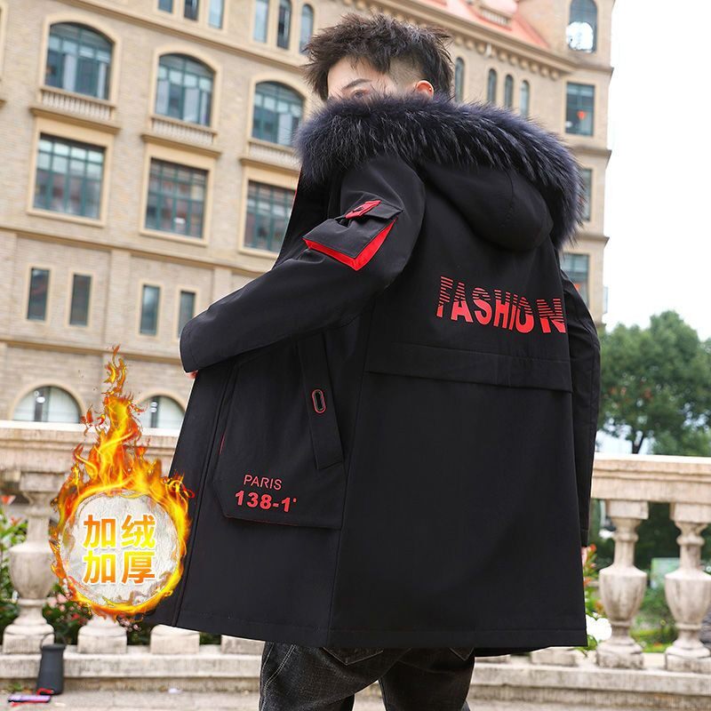 [얇고 두툼한] 남성용 면패딩 코트 미디기장 코트 학생용 면패딩 자켓에 벨벳과 도톰한 느낌을 더한 청소년 슬림핏 패셔너블한 면패딩 코트