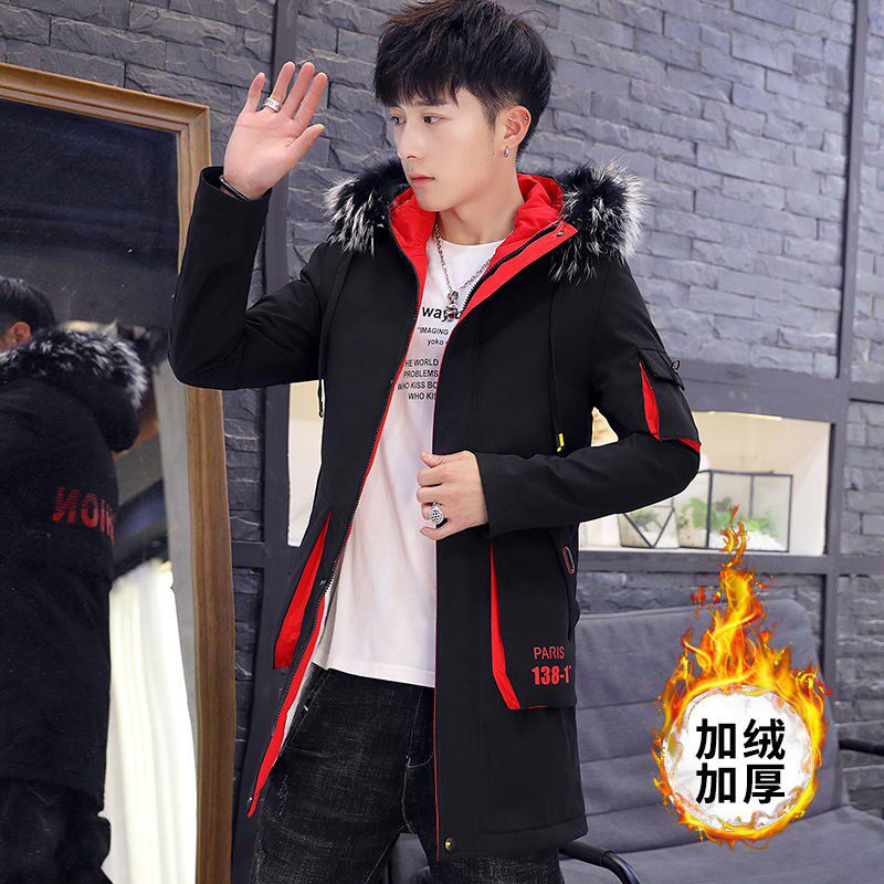 [얇고 두툼한] 남성용 면패딩 코트 미디기장 코트 학생용 면패딩 자켓에 벨벳과 도톰한 느낌을 더한 청소년 슬림핏 패셔너블한 면패딩 코트