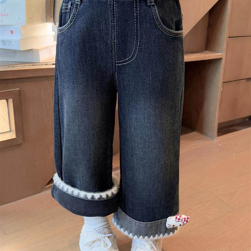 女童加绒裤子秋冬儿童一体绒牛仔裤2025新款洋气女宝宝加厚阔腿裤
