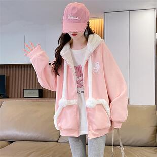 超好看羊羔毛卫衣外套女秋冬季加绒加厚棒球服初高中学生大童棉服