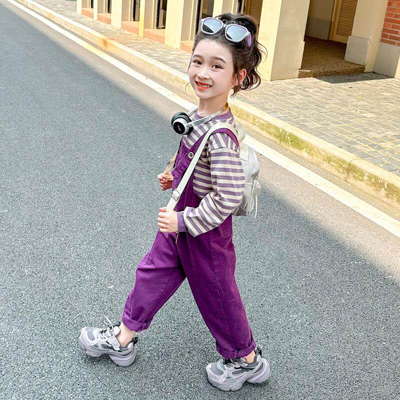 韩版女童洋气休闲条纹背带裤套装2024春秋款女宝宝外穿宽松两件套
