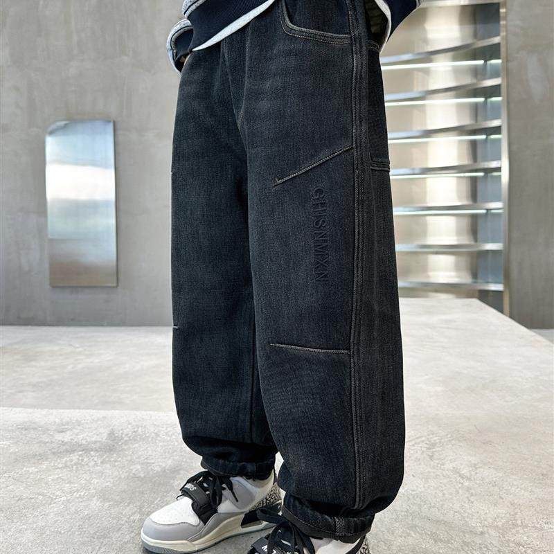 男童牛仔裤秋冬款2025新款中大儿童冬季一体绒直筒裤子男孩冬装潮