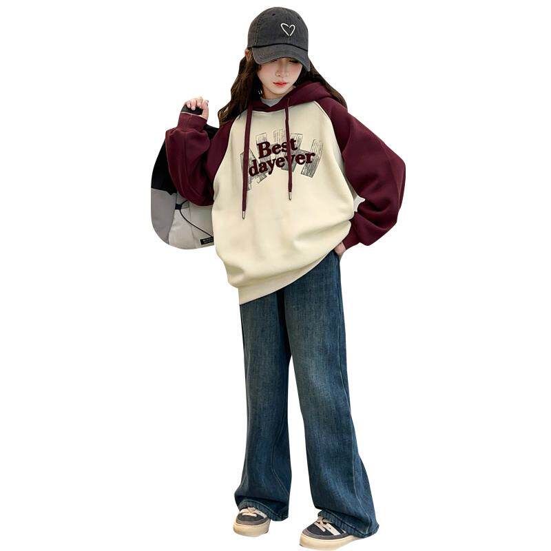 女童卫衣春秋2025新款儿童洋气春装拼色连帽上衣女孩春季牛仔套装