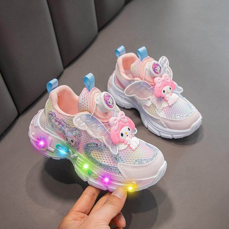 女童运动鞋发光库洛米美乐蒂亮灯扭扭鞋旋转纽扣翅膀春夏单网幼儿